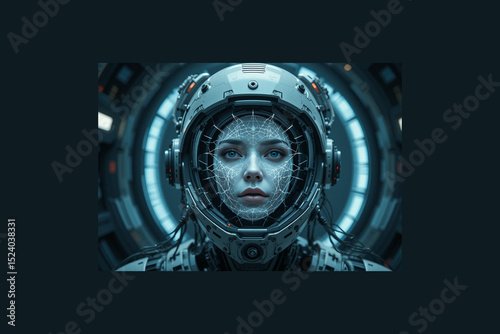 A holographic face of a female spirit appearing inside a broken android helmet, wires floating in zero gravity