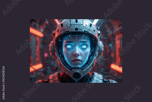 A holographic face of a female spirit appearing inside a broken android helmet, wires floating in zero gravity