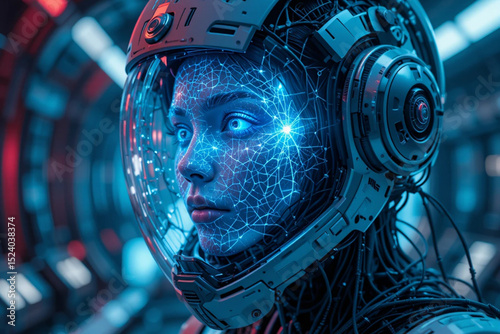 A holographic face of a female spirit appearing inside a broken android helmet, wires floating in zero gravity
