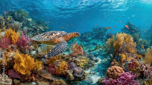 A Colorful Coral Reef Ecosystem Undersea With A Sea Turtle