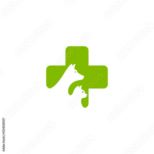 Green Medical Cross with White Dog and Cat Silhouettes, Veterinary Logo