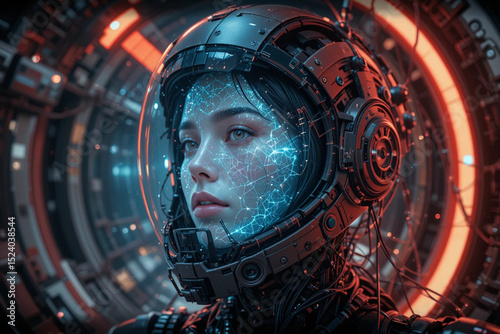 A holographic face of a female spirit appearing inside a broken android helmet, wires floating in zero gravity