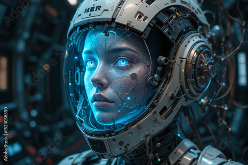 A holographic face of a female spirit appearing inside a broken android helmet, wires floating in zero gravity