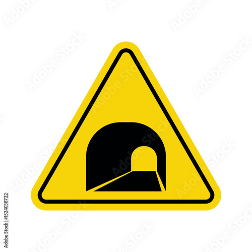 yellow triangular warning sign with tunnel entrance symbol