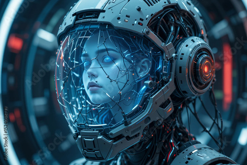 A holographic face of a female spirit appearing inside a broken android helmet, wires floating in zero gravity
