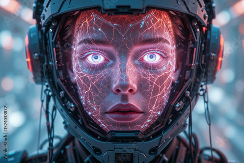 A holographic face of a female spirit appearing inside a broken android helmet, wires floating in zero gravity