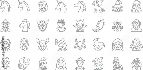 A collection of fantasy creature icons, including unicorns, dragons, elves, and fairies, isolated on white background