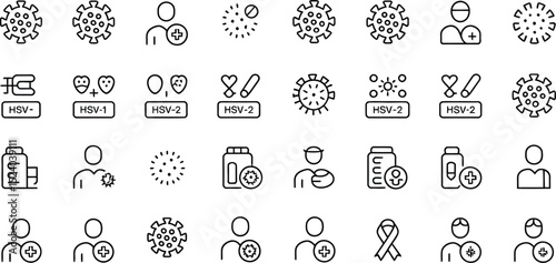 A set of line icons depicting various aspects of herpes simplex viruses, isolated on white background