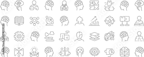 A collection of line icons depicting various aspects of the human brain and cognitive processes, isolated on white background

