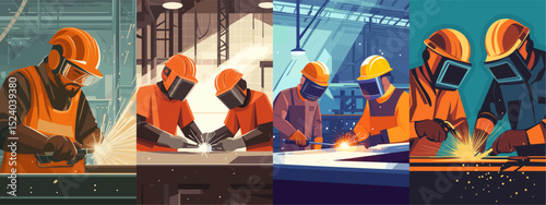 A vibrant vector illustration showcasing skilled workers in an industrial setting, engaged in welding and metal fabrication. The scene highlights teamwork, safety gear, and craftsmanship, em...