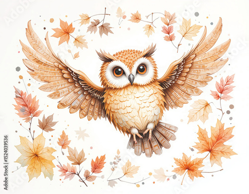 Watercolor owl flying among orange autumn leaves on white background. Ideal for seasonal decor, cards, and children's illustrations photo