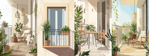 This vector illustration showcases a stylish balcony featuring cozy seating, vibrant plants, and modern decor. Ideal for home design themes.