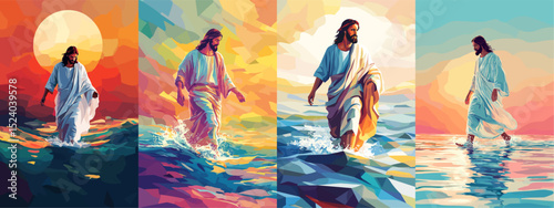 This vibrant, abstract vector illustration depicts Jesus walking on water, showcasing a colorful sunset background. The artwork blends geometric shapes and bold hues to create a stunning vis...