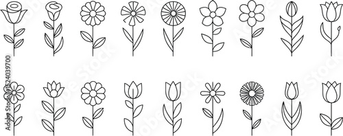 A collection of simple line art flower icons, isolated on white background