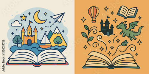A whimsical vector design featuring an open book surrounded by enchanting elements like castles, mountains, dragons, airships, and stars. Perfect for storytelling themes!