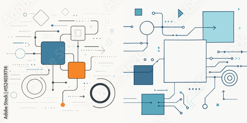 This modern abstract vector design showcases a blend of geometric shapes and interconnected circuits. Ideal for technology, innovation, and data visualization themes. 