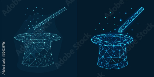 A captivating low-poly illustration of a magic hat with a wand casting sparkling stars. Ideal for designs related to magic, entertainment, or performances.