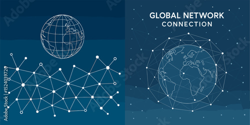 A visually striking illustration showcasing a global network connection theme. It features a globe, geometric lines, and dots, symbolizing international connectivity and technology.