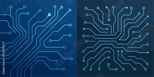 A modern abstract vector design featuring two contrasting circuit board patterns. The left side showcases a dynamic layout with vibrant blue tones, while the right side presents a more subdu...