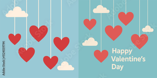 Celebrate love with this cheerful Valentine's Day design featuring red hearts suspended from clouds against a soft blue background, ideal for cards and decorations.