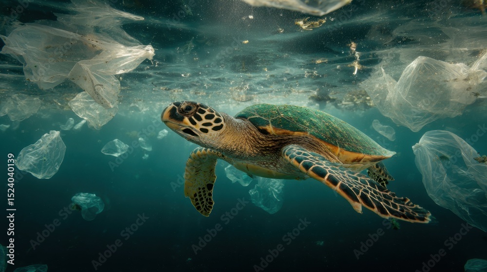 Fototapeta premium A Sea Turtle Swims Through Plastic Pollution in the Ocean