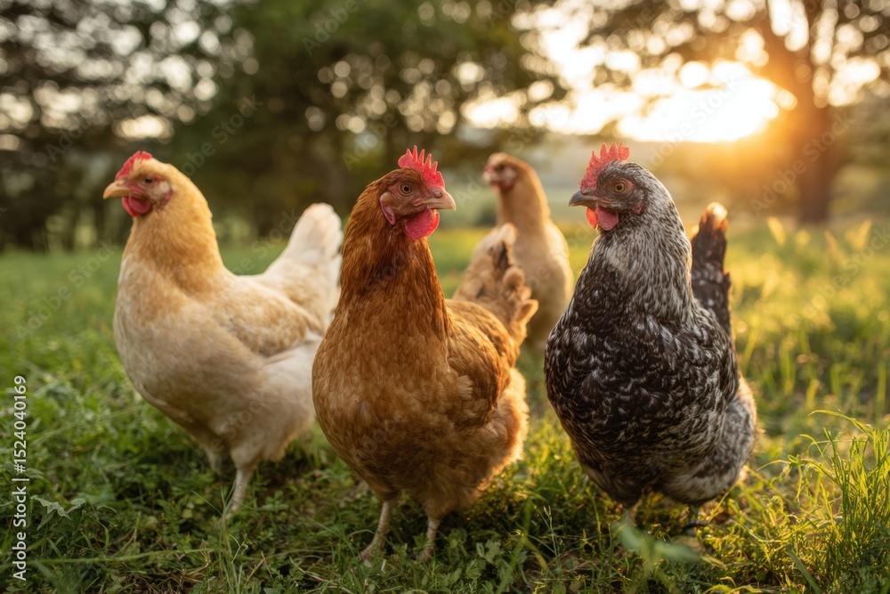 Fototapeta premium Group of Chickens Standing on Grass at Sunset Outdoors