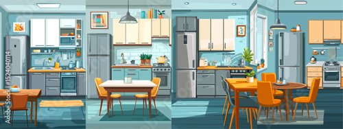 Explore this stylish modern kitchen and dining room showcasing vibrant colors and contemporary furniture. Ideal for home decor inspiration.