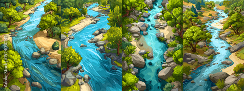 A vibrant vector illustration featuring a serene river surrounded by lush trees, rocks, and sandy areas. Perfect for nature-themed projects, this artwork captures the peaceful beauty of a ri...