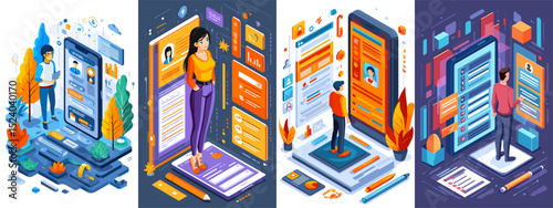 Explore vibrant isometric designs showcasing mobile applications, user profiles, and interactive features. Ideal for tech-themed projects and presentations.