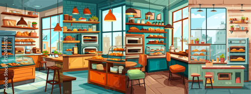 Explore a beautifully designed bakery interior featuring shelves filled with a variety of freshly baked bread and pastries. The bright colors and inviting atmosphere create a cozy ambiance.