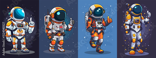 This vector image features a series of cheerful cartoon astronauts in various colorful spacesuits, showcasing playful designs and poses against cosmic backgrounds. Perfect for space-themed p...