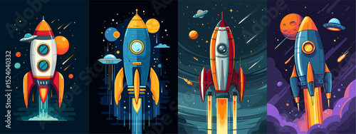 Explore our vibrant vintage rocket collection, featuring four unique rocket designs against cosmic backgrounds. Perfect for science fiction and space adventure themes.