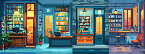 A collection of illustrated storefronts showcasing cozy retail spaces, featuring well-organized displays, colorful products, and inviting interiors, perfect for commercial design.