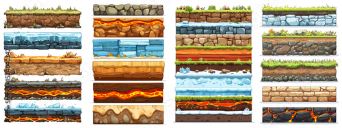 A collection of seamless vector backgrounds showcasing diverse terrains including rocky, icy, lava, and grassy styles. Ideal for game design and animations.