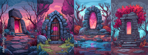 Explore an enchanting fantasy landscape featuring four magical portals surrounded by vibrant nature. Each portal is uniquely designed within a captivating colorful environment.