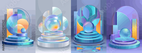 Explore a series of modern abstract geometric structures featuring colorful spheres, layered forms, and reflective surfaces against a gradient background. Perfect for design inspirations.