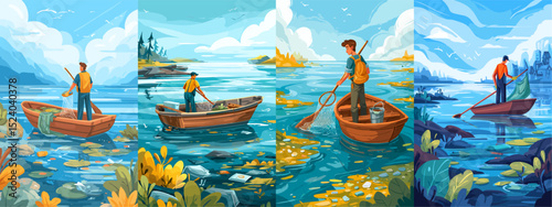 This vibrant vector illustration series highlights the importance of environmental conservation through various fishing and clean-up activities on serene waters. Perfect for campaigns!