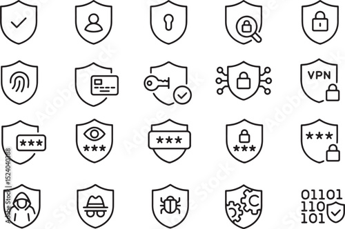 
Thin line icon set of cyber security internet data protection shield privacy authentication safety encryption. Pixel perfect icons, editable stroke.