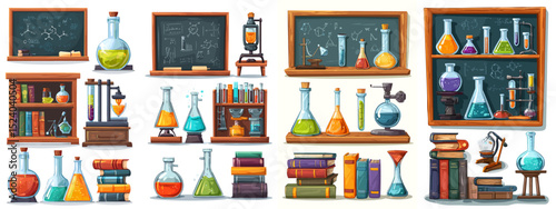 A vibrant collection of laboratory equipment including flasks, beakers, books, and chalkboards featuring scientific illustrations. Perfect for educational themes.