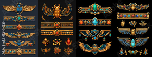 Explore this collection of intricate vector designs featuring Egyptian motifs, including scarabs, wings, and ornate gems in gold and turquoise hues, perfect for various creative projects.