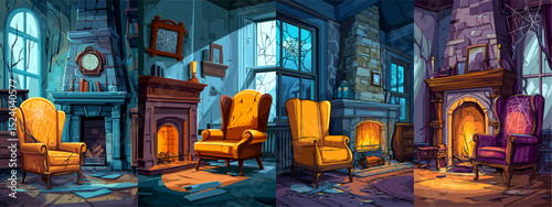 Explore this vector illustration of a cozy, abandoned living room featuring colorful armchairs and a glowing fireplace. The warm ambiance contrasts with cobwebs and dust.