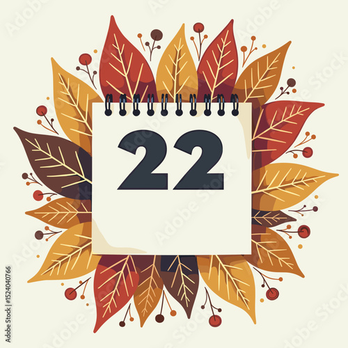 Autumn calendar page with number 22 surrounded by colorful leaves  