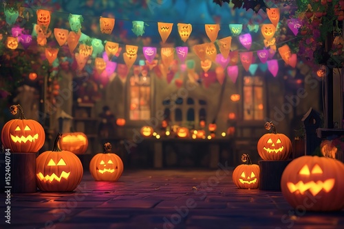 A festive Halloween scene with carved pumpkins, colorful banners, and glowing lights. The atmosphere is cheerful and inviting, perfect for celebrations.
