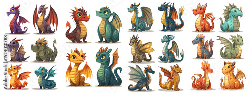 A vibrant assortment of cartoon dragons in various colors and poses. Perfect for children's books, games, or themed designs, these adorable dragons capture imagination and fantasy.
