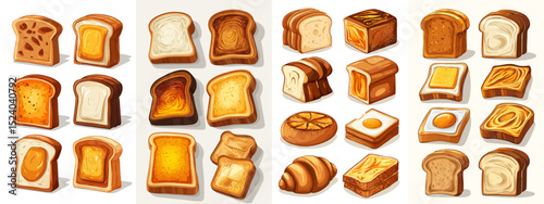 This collection features a wide array of different bread styles, from sliced loaves to croissants. Each illustration showcases unique textures and colors, perfect for culinary designs.