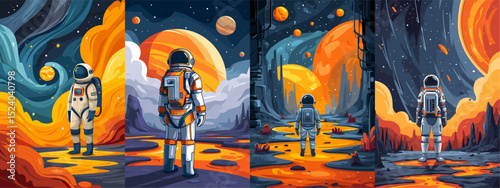 A captivating series featuring astronauts standing in vibrant alien landscapes with luminous planets, swirling colors, and starry backgrounds. Perfect for space enthusiasts!