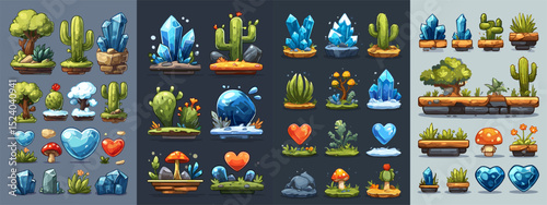 A collection of vibrant nature-themed graphics, featuring trees, crystals, cacti, hearts, and mushrooms. Perfect for fantasy game backgrounds or UI design.