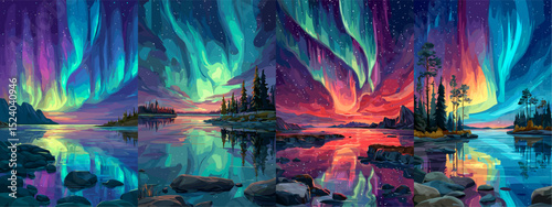 Experience the mesmerizing beauty of the Northern Lights in this vibrant four-panel artwork. Each scene captures breathtaking colors reflecting on tranquil waters, surrounded by serene lands...