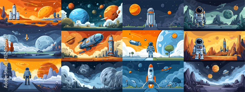 A captivating collection of vibrant space scenes featuring rockets, planets, and astronauts. Ideal for illustrating themes of exploration and adventure in outer space.