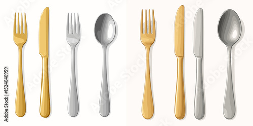 A stylish collection of gold and silver cutlery, including forks, knives, and spoons, displayed against a light background. Ideal for dining and kitchen concepts.